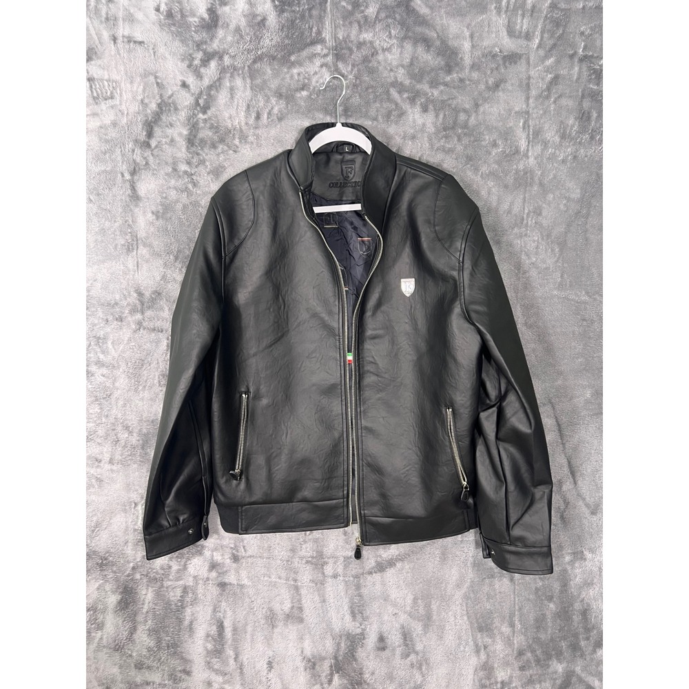 F Collections Mens Black Faux Leather Bomber Jacket Full Zip Shield Logo Size L